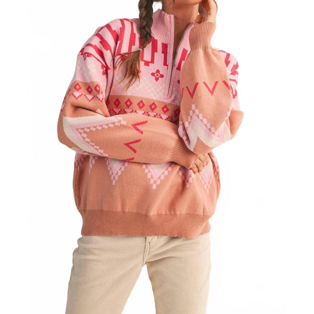 NEW &MERCI geometric knit half zip pullover in caramel multi